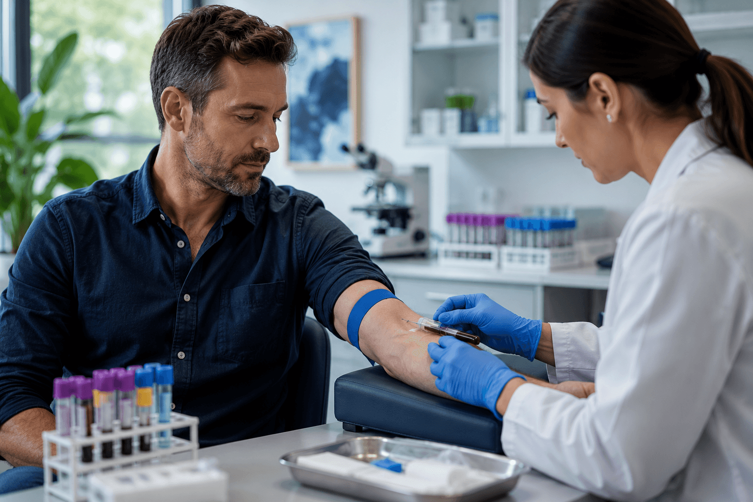 A clinician drawing a blood sample from a seated patient's arm in a lab, with sample vials on the table beside them.